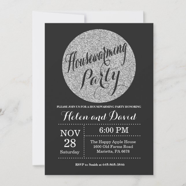 Housewarming Party Black Silver Glitter Invitation (Front)
