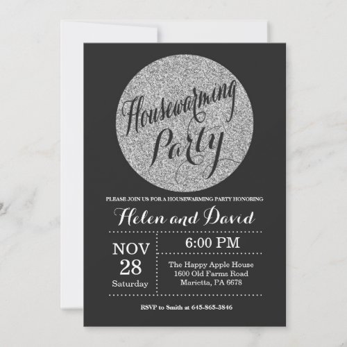 Housewarming Party Black Silver Glitter Invitation