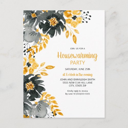 Housewarming Party Black Yellow Flowers Leaves Postcard
