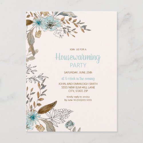 Housewarming Party Blue Brown Floral Leaves Boho Postcard