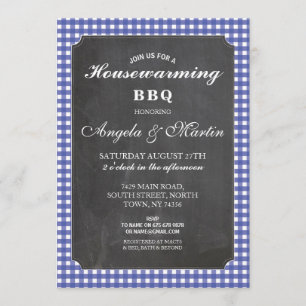 Housewarming Party Blue Check Chalk BBQ Invite
