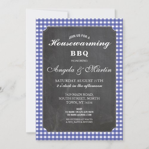 Housewarming Party Blue Check Chalk BBQ Invite