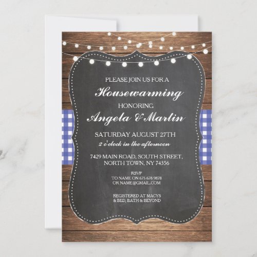 Housewarming Party Blue Check Wood BBQ Invite