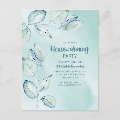 Housewarming Party Blue Green Watercolor Leaves Postcard