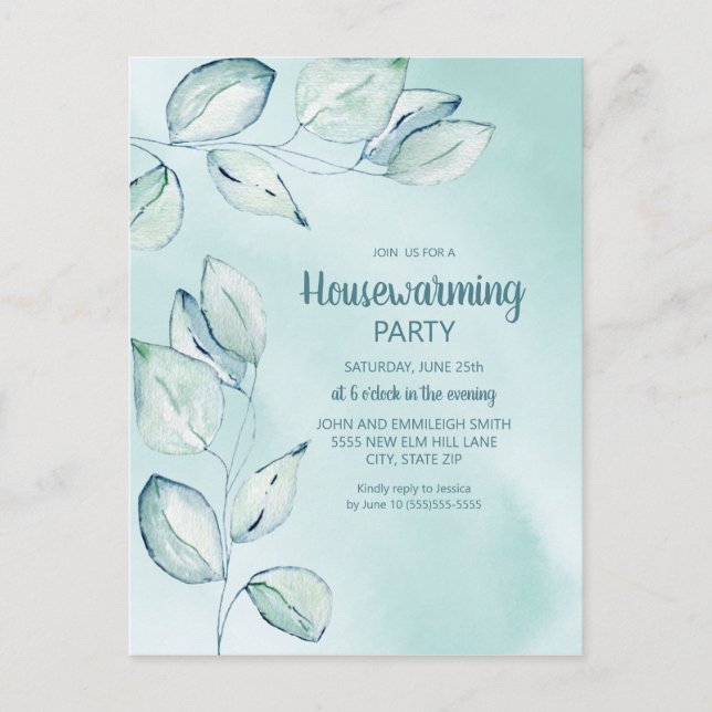 Housewarming Party Blue Green Watercolor Leaves Postcard (Front)
