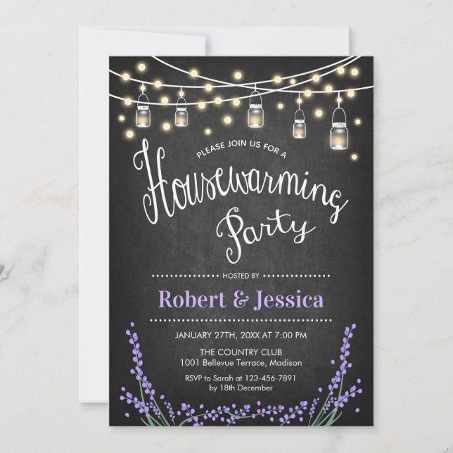 Housewarming Party - Chalkboard Mason Jar Lavender Invitation (Front)
