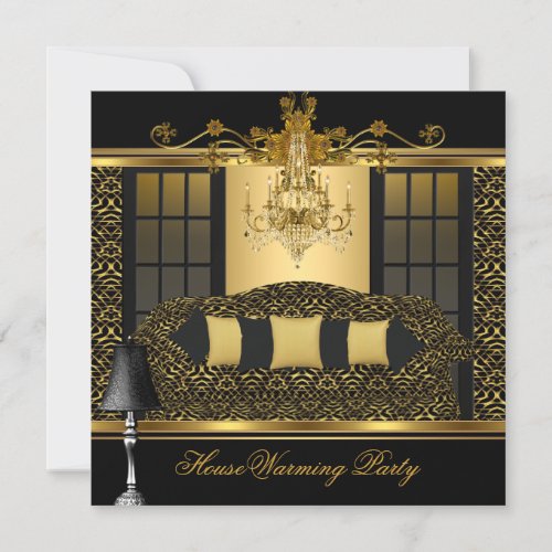 Housewarming Party Chandelier Damask Gold Black Invitation