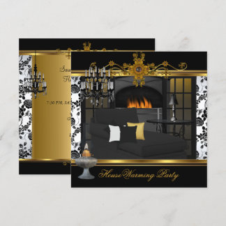 Housewarming Party Chandelier Damask White Gold Invitation