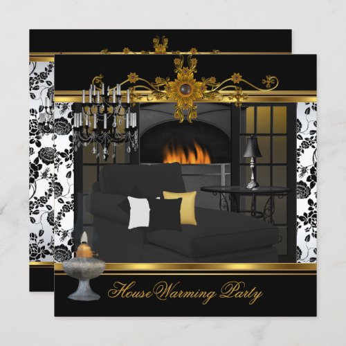 Housewarming Party Chandelier Damask White Gold Invitation