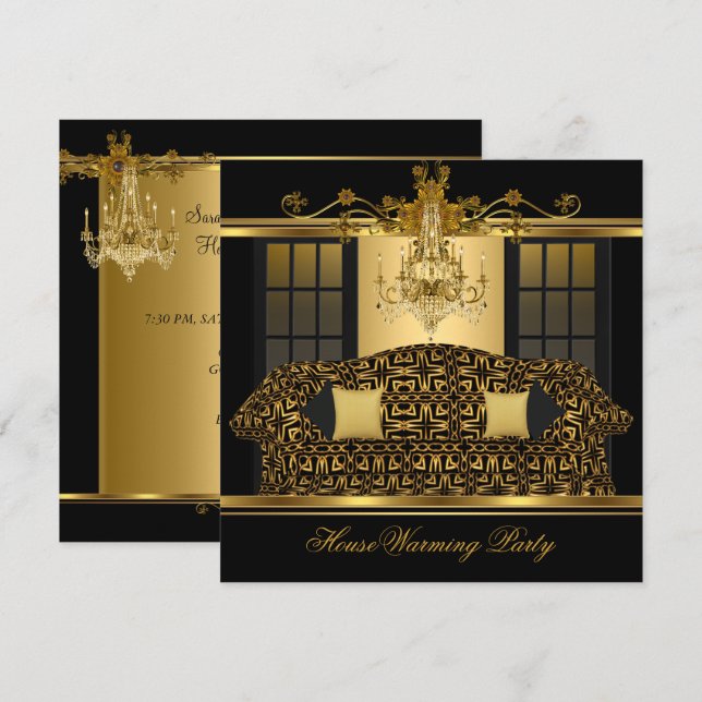 HouseWarming Party Chandelier Ornate Gold Black Invitation (Front/Back)