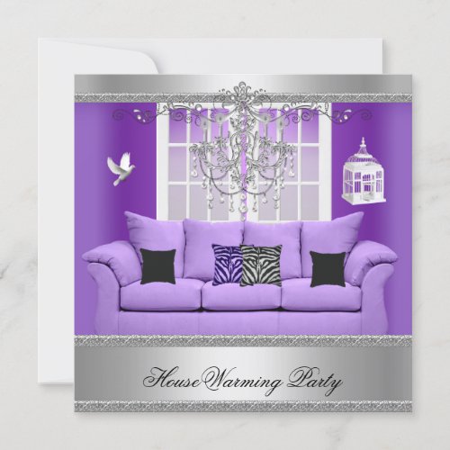 HouseWarming Party Chandelier Purple Sofa Silver Invitation