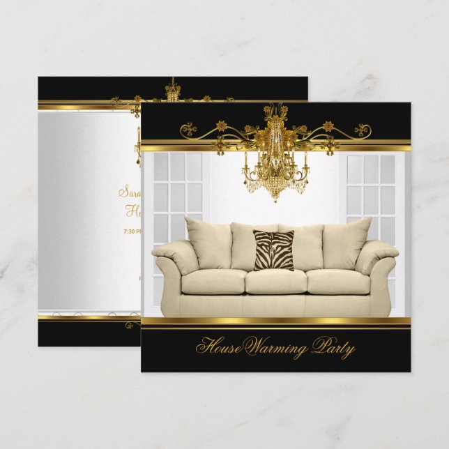 HouseWarming Party Chandelier Rich Gold Black Invitation (Front/Back)