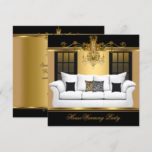 HouseWarming Party Chandelier Rich Gold Black Custom Invite