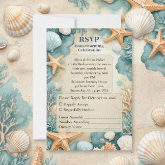Housewarming Party Coastal Sandy Beach Seashells RSVP Card