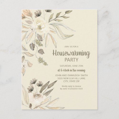Housewarming Party Cream Brown Watercolor Floral Postcard