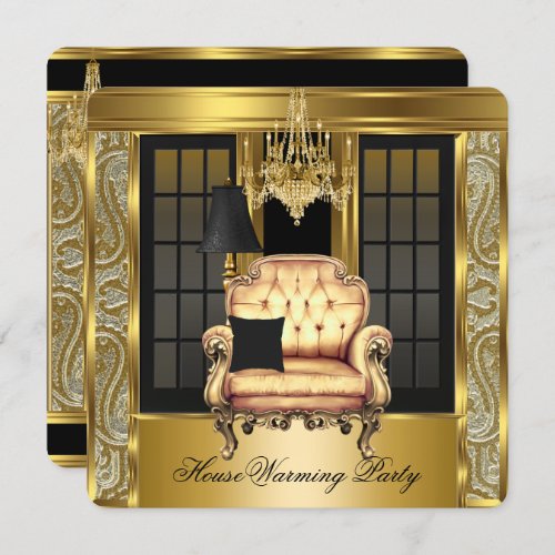 Housewarming Party Damask Chandelier Gold Chair Invitation