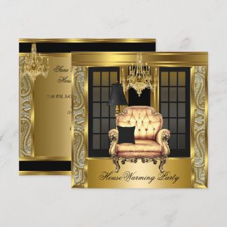 Housewarming Party Damask Chandelier Gold Chair Invitation