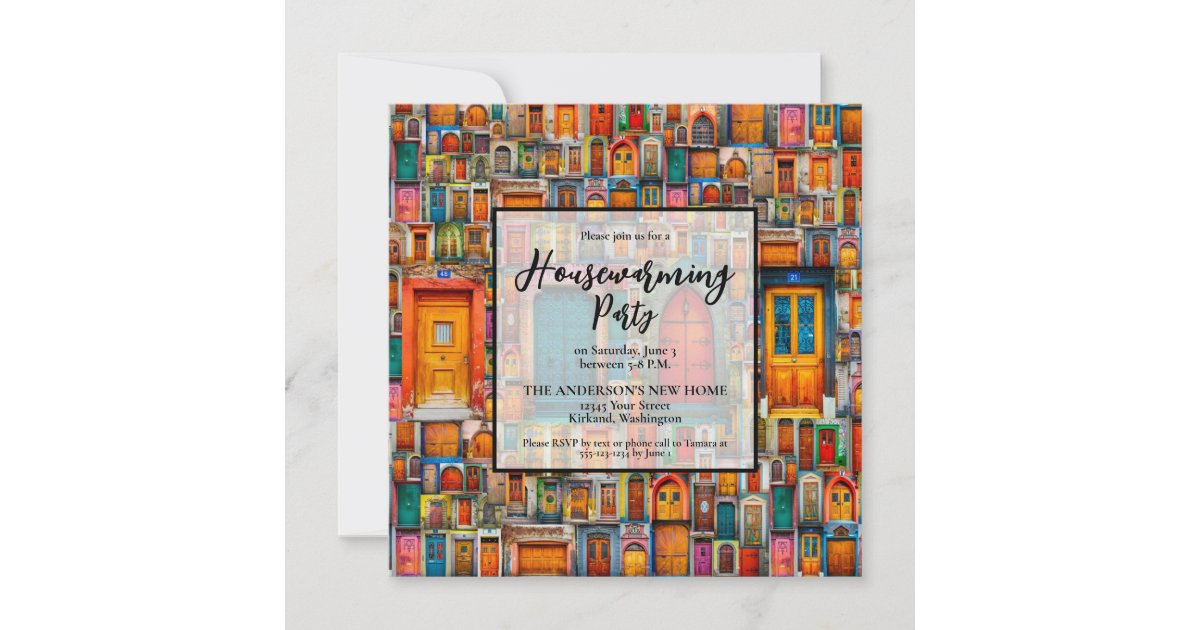 Housewarming Party Doors Collage Orange Blue Invitation | Zazzle