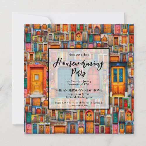 Housewarming Party Doors Collage Orange Blue  Invitation