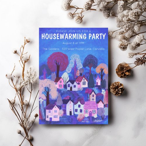 Housewarming Party Drawing Cute Country Village Invitation