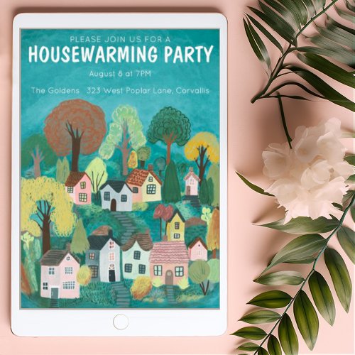 Housewarming Party Drawing Cute Country Village Invitation