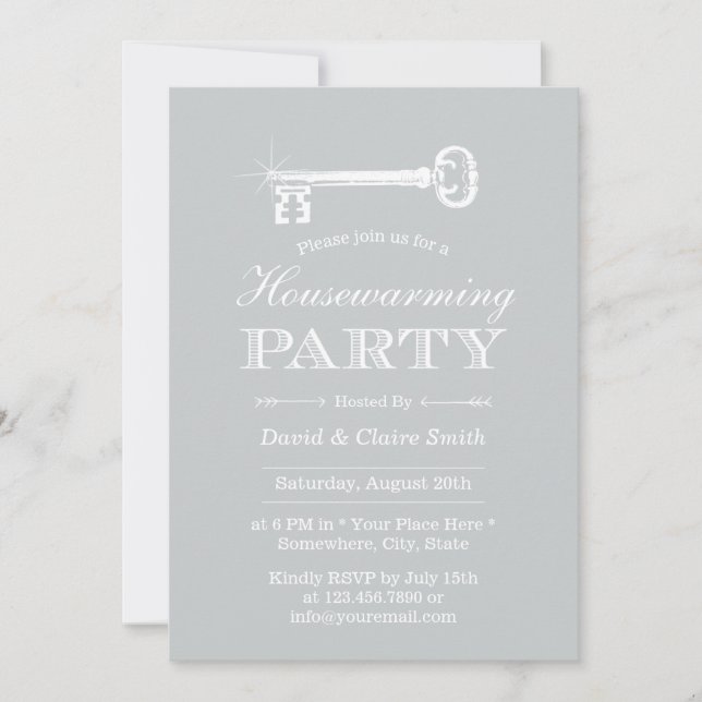 Housewarming Party Elegant Silver Skeleton Key Invitation (Front)