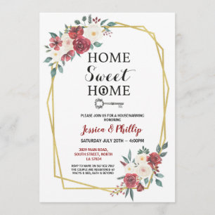 Housewarming Party Flowers New Home House Red Invitation