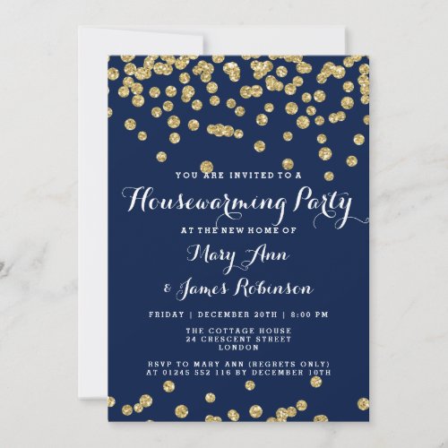 Housewarming Party Gold Glitter Confetti Navy Blue Invitation