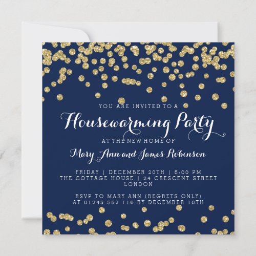 Housewarming Party Gold Glitter Confetti Navy Blue Invitation