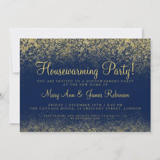 Housewarming Party Gold Glitter Dust Navy Blue Invitation (Front)