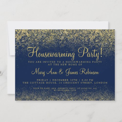 Housewarming Party Gold Glitter Dust Navy Blue Invitation