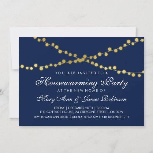 Housewarming Party Gold String Lights Navy Blue Invitation