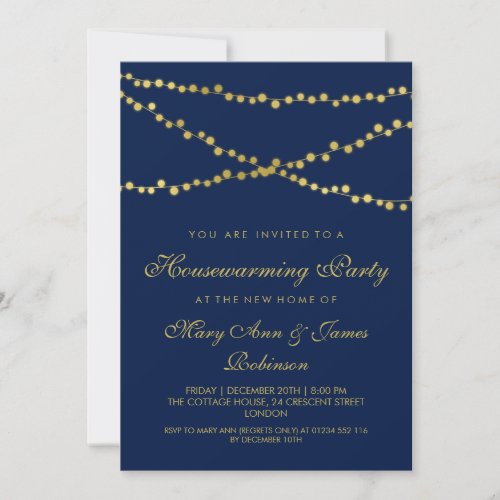 Housewarming Party Gold String Lights Navy Blue Invitation