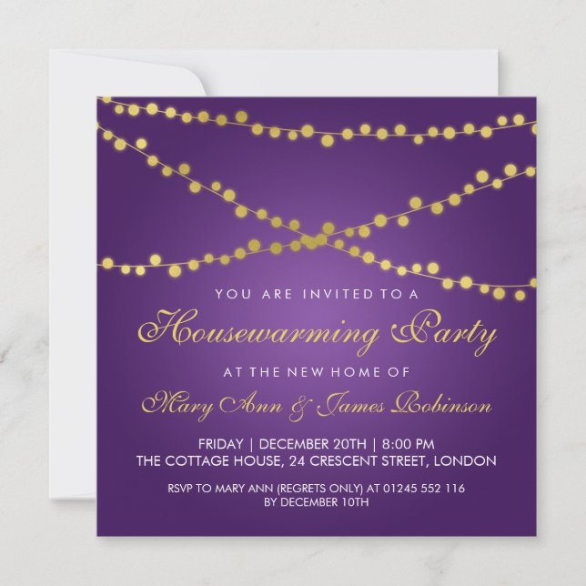 Housewarming Party Gold String Lights Purple Invitation (Front)
