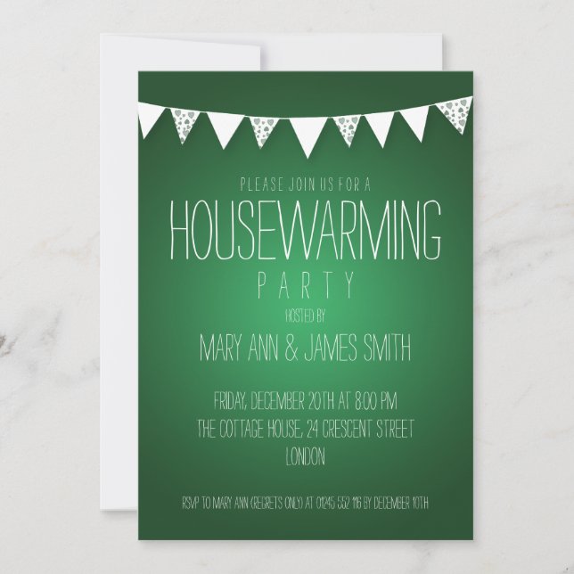 Housewarming Party Hearts Bunting Green Invitation (Front)
