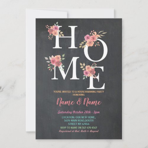 Housewarming Party HOME Floral Pink Chalk Moving Invitation