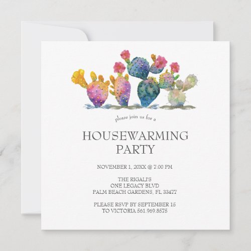 Housewarming Party Invitations Watercolor Cactus