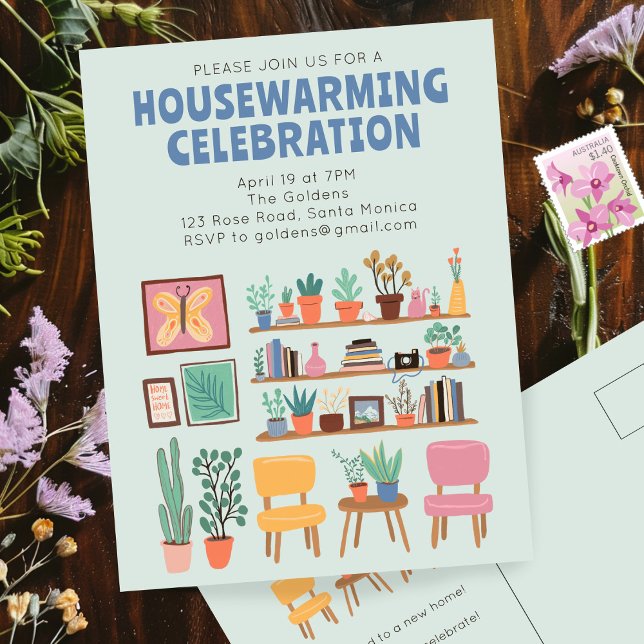 Housewarming Party Invite Cute Living Room Postcar (Housewarming Party Invite Cute Living Room Shelves Houseplants Postcard Invitation
)
