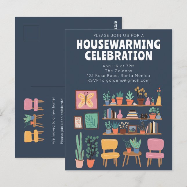 Housewarming Party Invite Cute Living Room Shelves (Front/Back)
