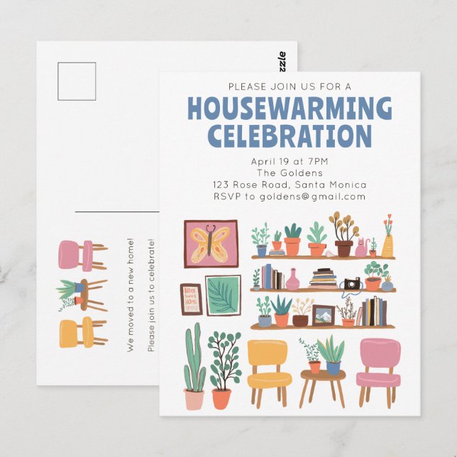 Housewarming Party Invite Cute Living Room Shelves (Front/Back)