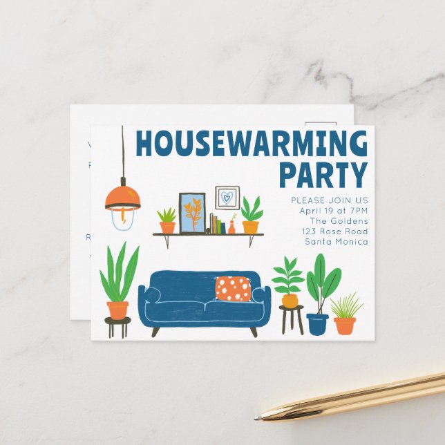 Housewarming Party Invite Cute Living Room Sofa  (Front/Back In Situ)