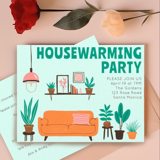 Housewarming Party Invite Cute Living Room Sofa  (Custom housewarming party postcard invitation. Cute illustration of a living room w sofa. Add text)