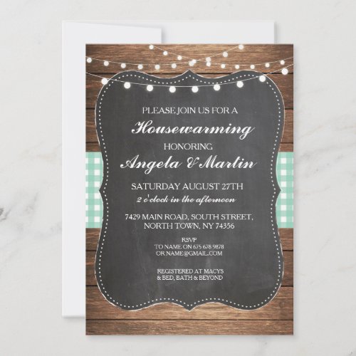 Housewarming Party Mint Check Wood Home BBQ Invite