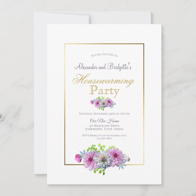 Housewarming Party Pink Floral Gold Border Invitation (Front)