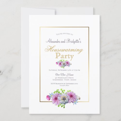 Housewarming Party Pink Floral Gold Border Invitation