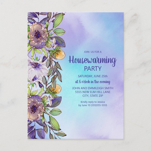 Housewarming Party Purple Yellow Flowers Postcard (Front)