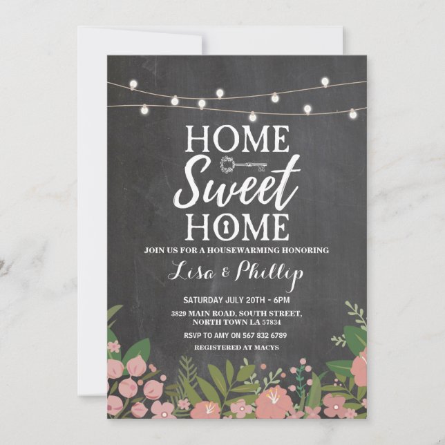 Housewarming Party Rustic Floral Chalk Key Invite (Front)
