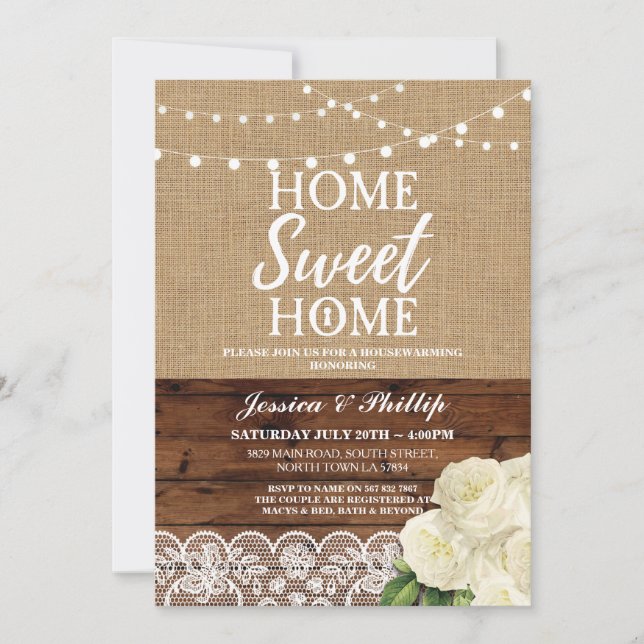Housewarming Party Rustic Home Rose Burlap Wood Invitation (Front)