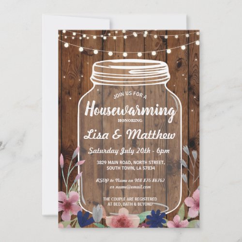 Housewarming Party Rustic Jar Wood Floral Invite