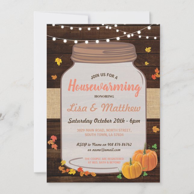 Housewarming Party Rustic Jar Wood Pumpkin Invite (Front)